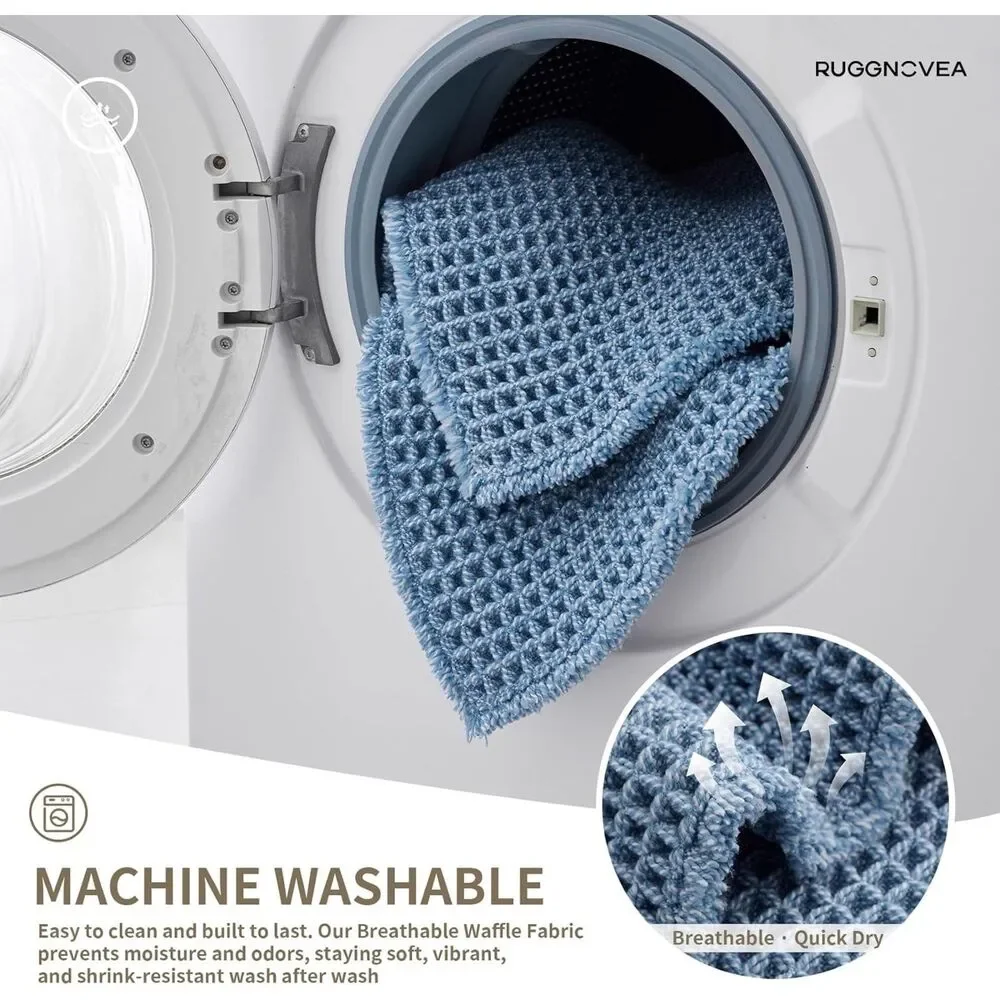 Light Blue Waffle Bath Mat 48x24 Non Slip Absorbent Washable Boho Rug Tassels